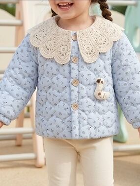 Baby Girl's Light Blue Quilted Toddler Jacket with Crochet Collar Nwt
